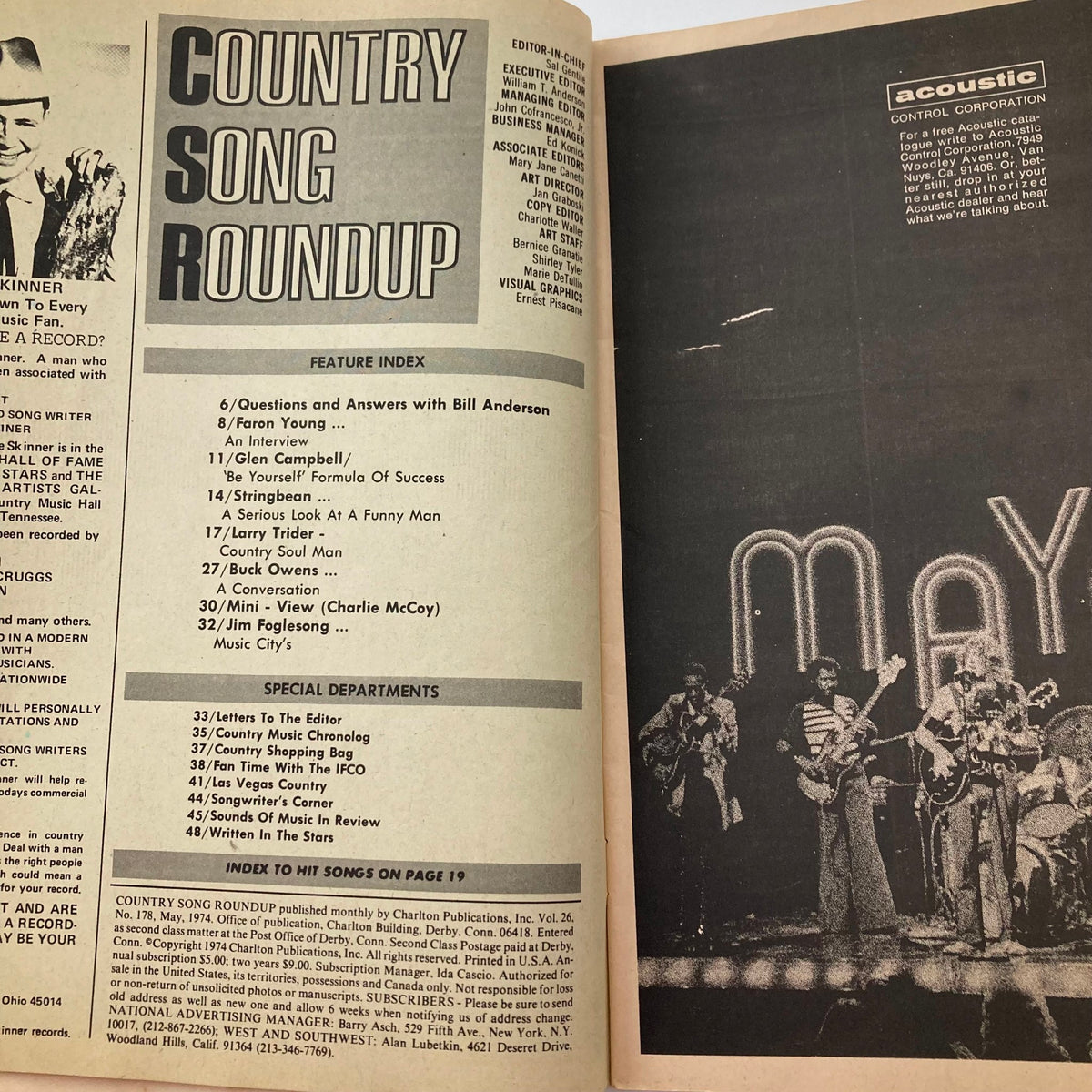 Interior page of the VTG Country Song Roundup Magazine from May 1974 featuring a feature index and various articles, highlighting the contributions of country stars like Buck Owens and Faron Young.