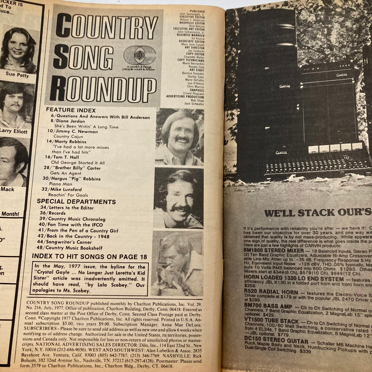 Inside page of VTG Country Song Roundup Magazine July 1977 displaying the feature index and notable country music artists, including Marty Robbins.