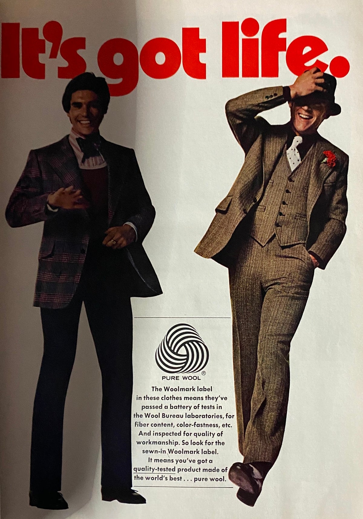 Vintage advertisement featuring two men in stylish suits from Esquire Magazine October 1972: The Impotence Boom, showcasing male fashion trends of the early 1970s.