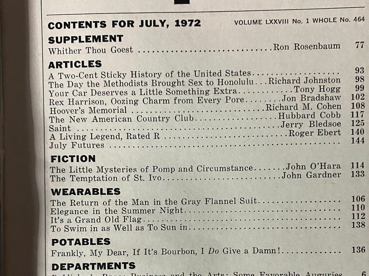 Contents page of Esquire Magazine July 1972, listing articles including "A Two-Cent Sticky History of the United States" and "A Living Legend, Rated R".