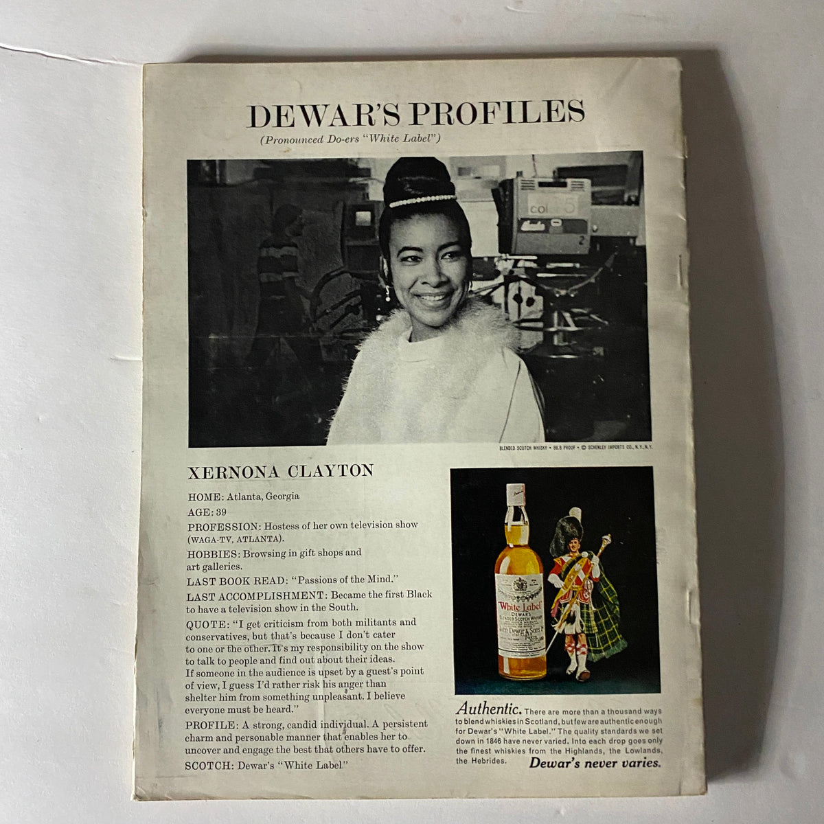 Dewar's Profiles section featuring Xernona Clayton in Esquire Magazine July 1972, highlighting her achievements as a television show host.