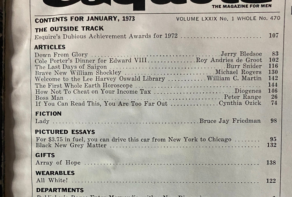 Contents page of Esquire Magazine January 1973, listing articles related to the Dubious Achievement Awards of 1972, including features on various notable topics and fiction.