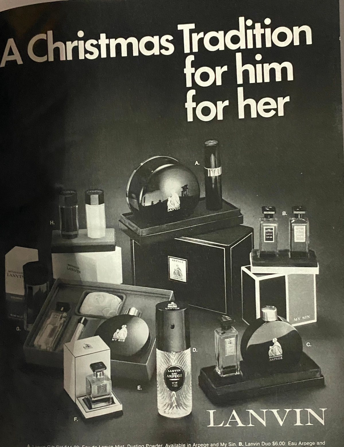 Vintage Lanvin advertisement from Esquire Magazine January 1973 featuring a range of perfume products, promoting a Christmas tradition for him and her.