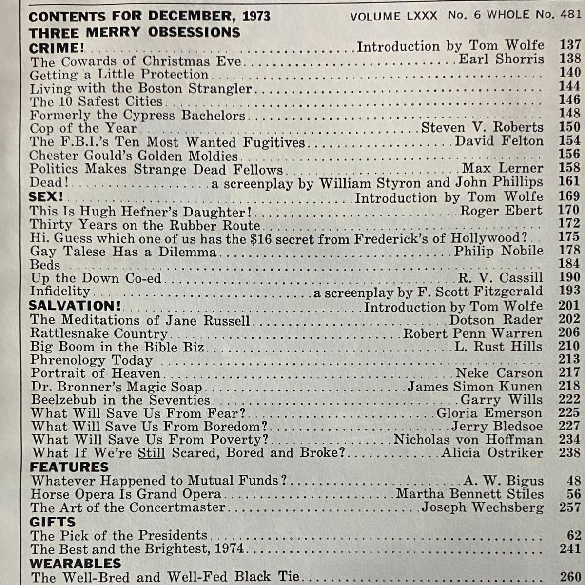 Contents page of Esquire Magazine December 1973, titled 'What's To Sing About this Christmas?' featuring sections on Crime, Sex, and Salvation with various articles.