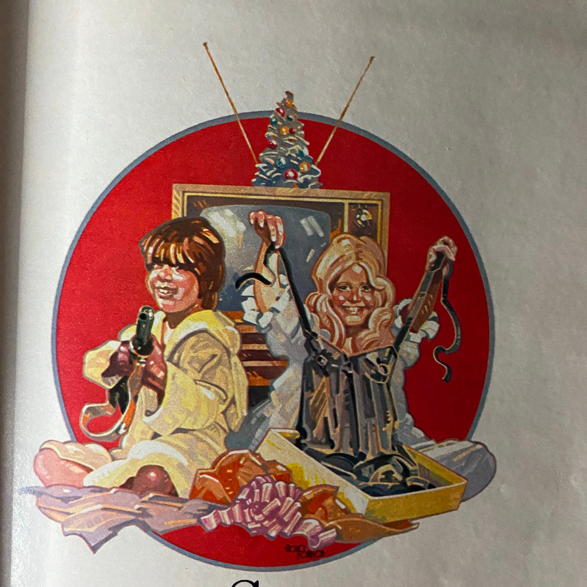 Illustration from Esquire Magazine December 1973, titled 'What's To Sing About this Christmas?', depicting children joyfully opening gifts in front of a Christmas tree.