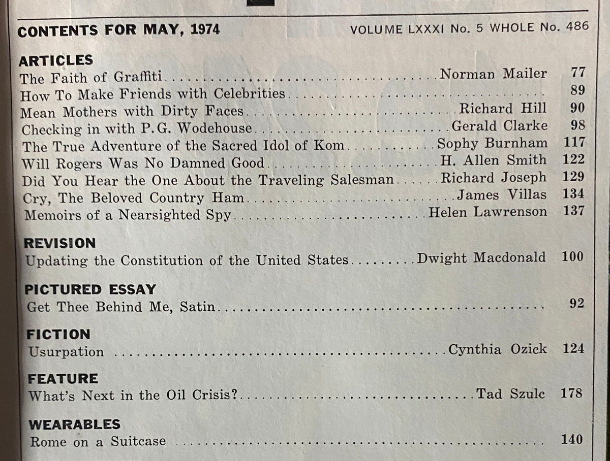 Contents page of Esquire Magazine May 1974, listing articles including Norman Mailer's The Faith of Graffiti and others, detailing topics of interest from the era.