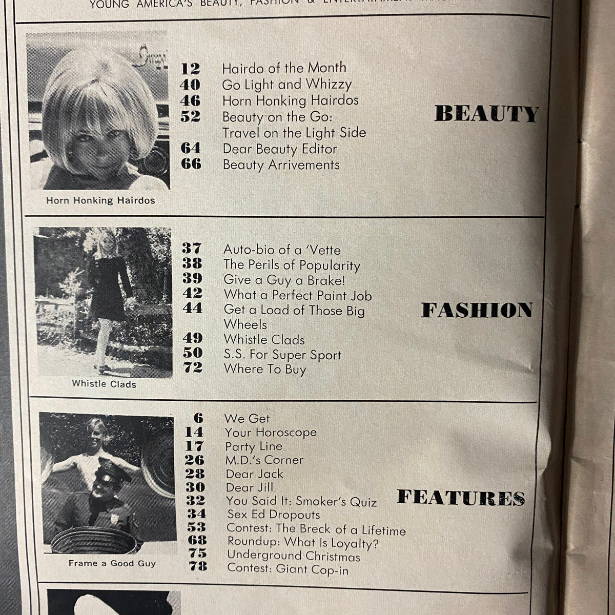 Interior page from 'Teen Magazine November 1967: The Shrimp Snaps Twiggy', detailing various articles and features on beauty and fashion, reflecting the interests of teenagers in the late 1960s.