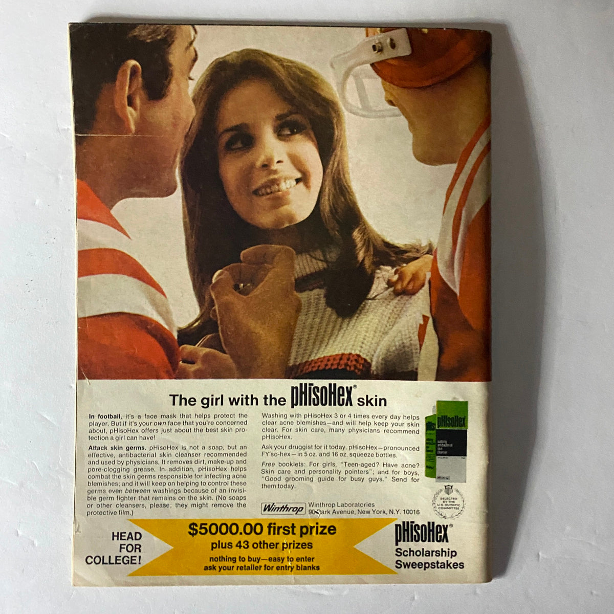 Back cover of Teen Magazine November 1967 featuring a promotional ad for pHisoHex skin care products, showcasing a young woman smiling at two male football players. Includes text about skin care recommendations, a contest for scholarships, and highlights the magazine's cultural significance.