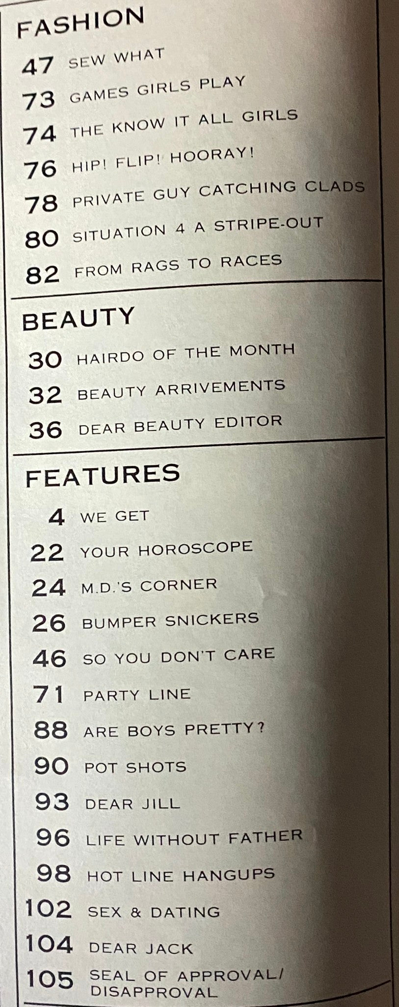 Table of contents of Teen Magazine August 1968, detailing articles on fashion, beauty, and lifestyle topics such as 'Games Girls Play' and 'Are Boys Pretty?'