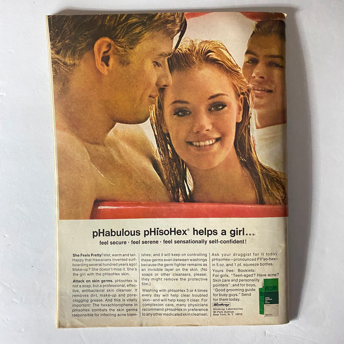 Back cover of Teen Magazine August 1968 showing an advertisement for pHisoHex, featuring a smiling girl and two boys, promoting skincare and beauty.
