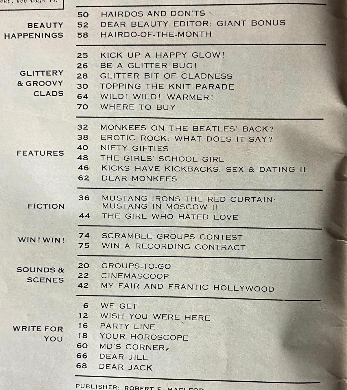 Table of contents from Teen Magazine December 1966, showcasing articles and features including Hairdos and Don’ts and Monkees on the Beatles' Back.