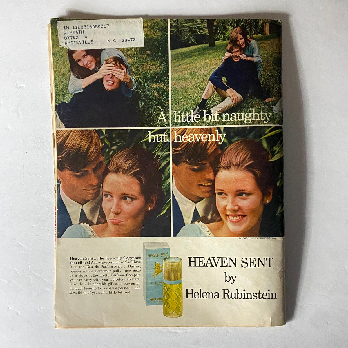 Heaven Sent fragrance advertisement on the back cover of the Teen Magazine December 1966, featuring images of young couples and promoting the perfume.