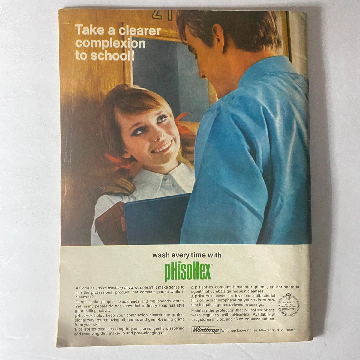Back cover of Teen Magazine, November 1968, promoting pHisoHex skincare with an engaging advertisement featuring a smiling girl.