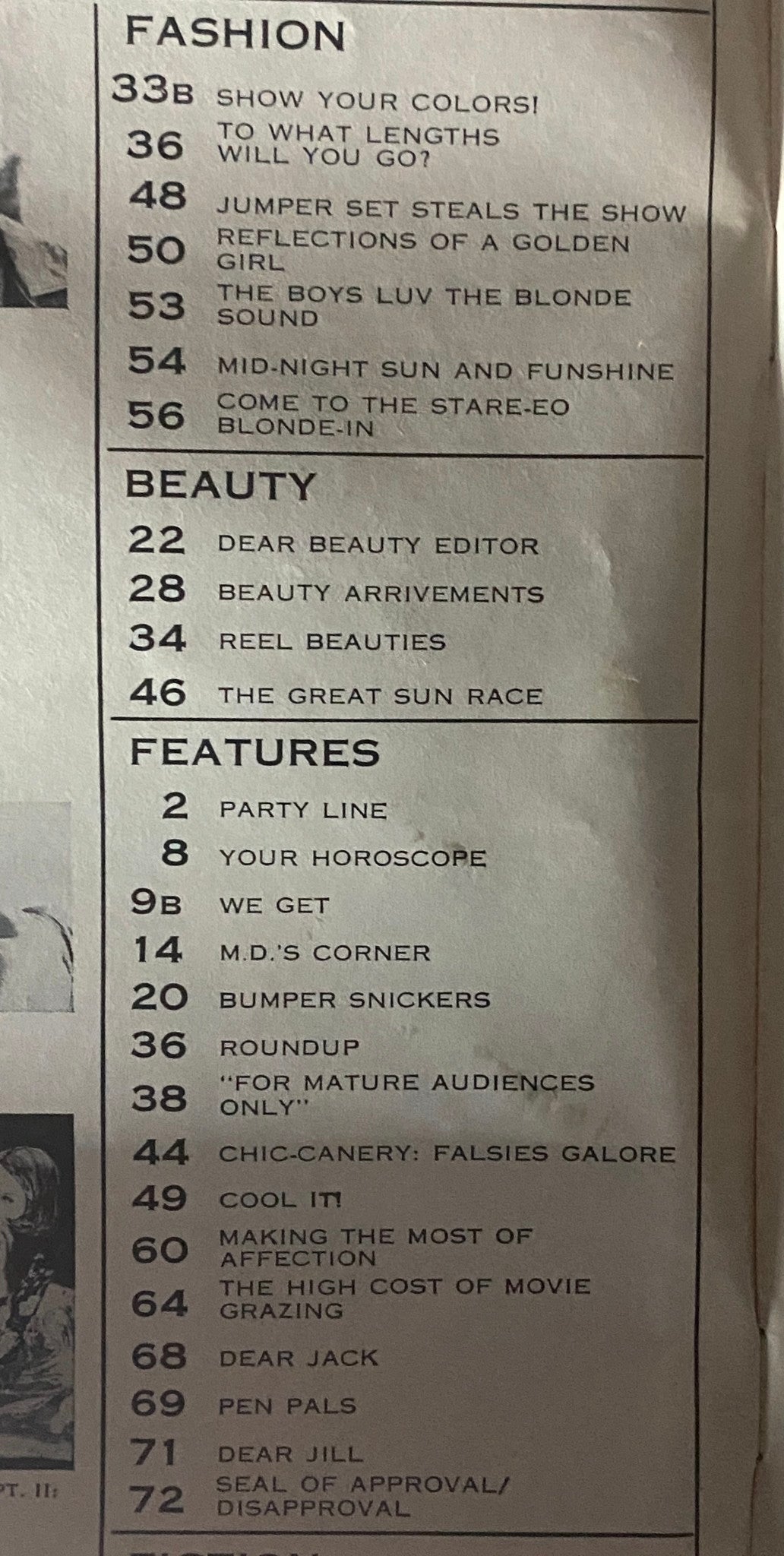 Table of contents from Teen Magazine July 1968 Seal of Approval / Disapproval showcasing fashion and beauty article titles like 'Show Your Colors!' and 'Dear Beauty Editor'.
