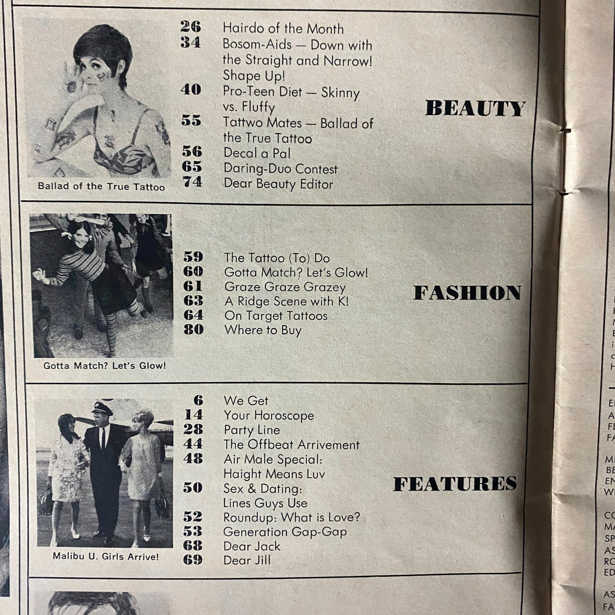 Table of contents from 'Teen Magazine October 1967' highlighting articles on beauty, fashion, and features related to youth culture in the late 1960s.