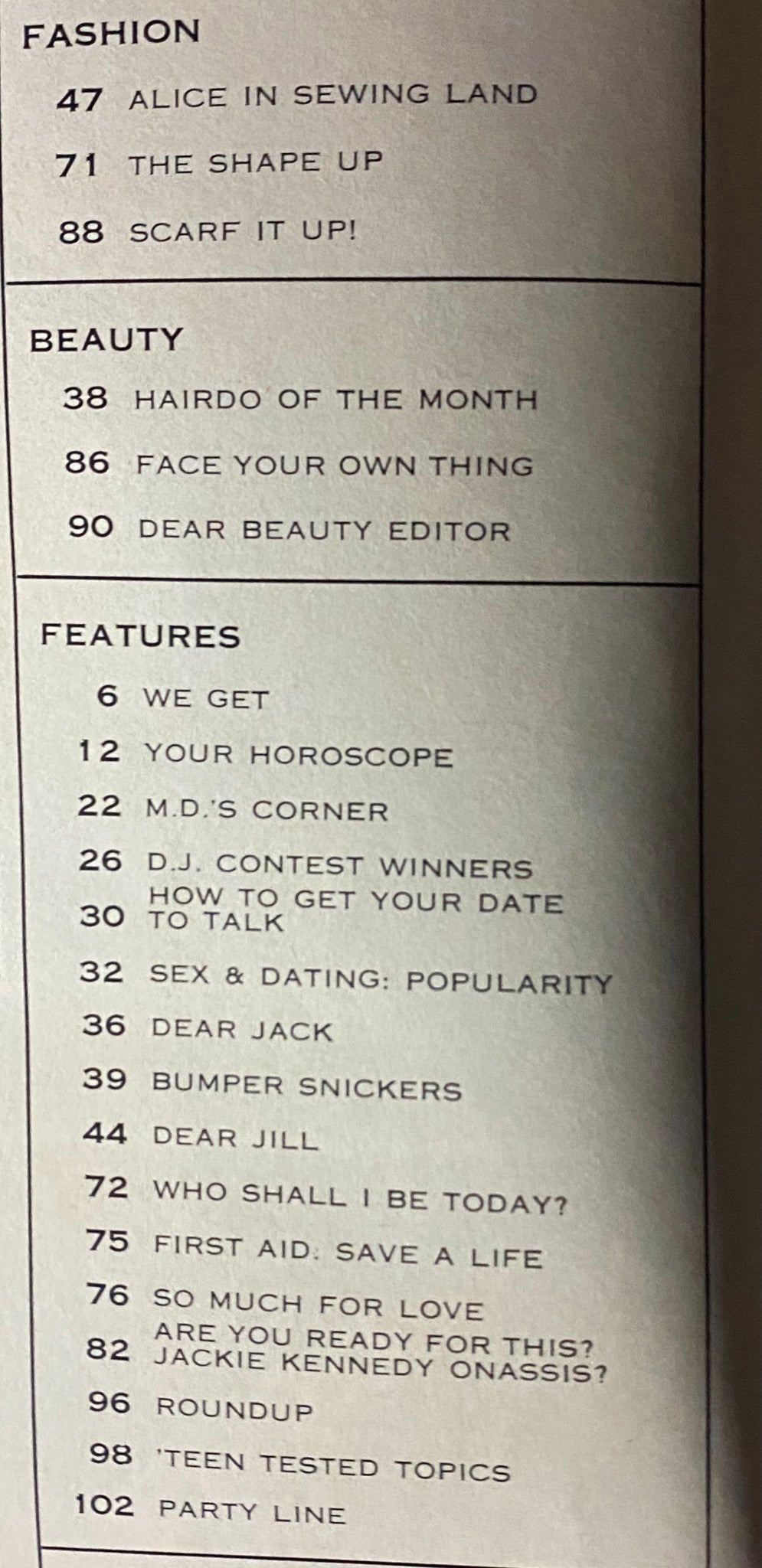 Table of contents from Teen Magazine February 1969, highlighting various fashion and beauty features, including horoscope and dating advice.