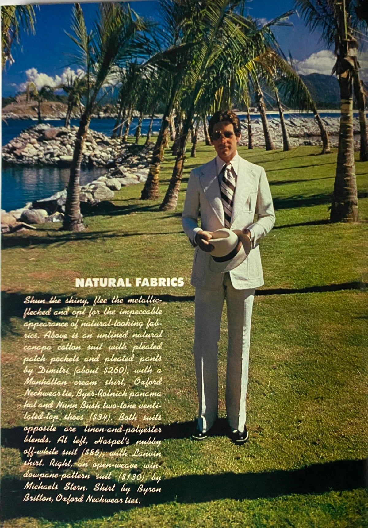 Vintage fashion advertisement from Esquire Magazine March 1974 showcasing natural fabrics with a man in a suit posing by a scenic beach.