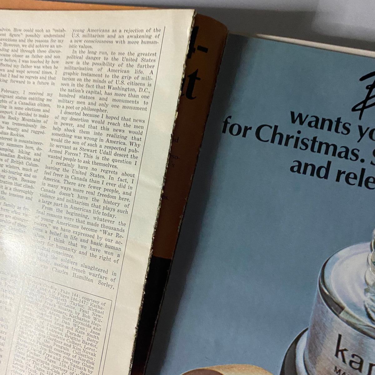 Close-up view of pages from Esquire Magazine December 1972, showcasing text and layout of articles, including discussions on American culture and societal issues during the early 1970s.