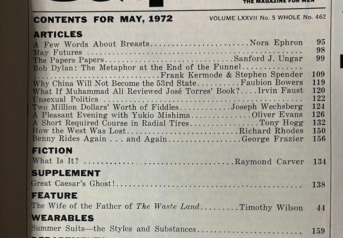 Table of contents from Esquire Magazine, May 1972, listing significant articles including 'A Few Words About Breasts' by Nora Ephron and 'The Metaphor at the End of the Funnel' by Bob Dylan, along with a special supplement 'Great Caesar's Ghost!'