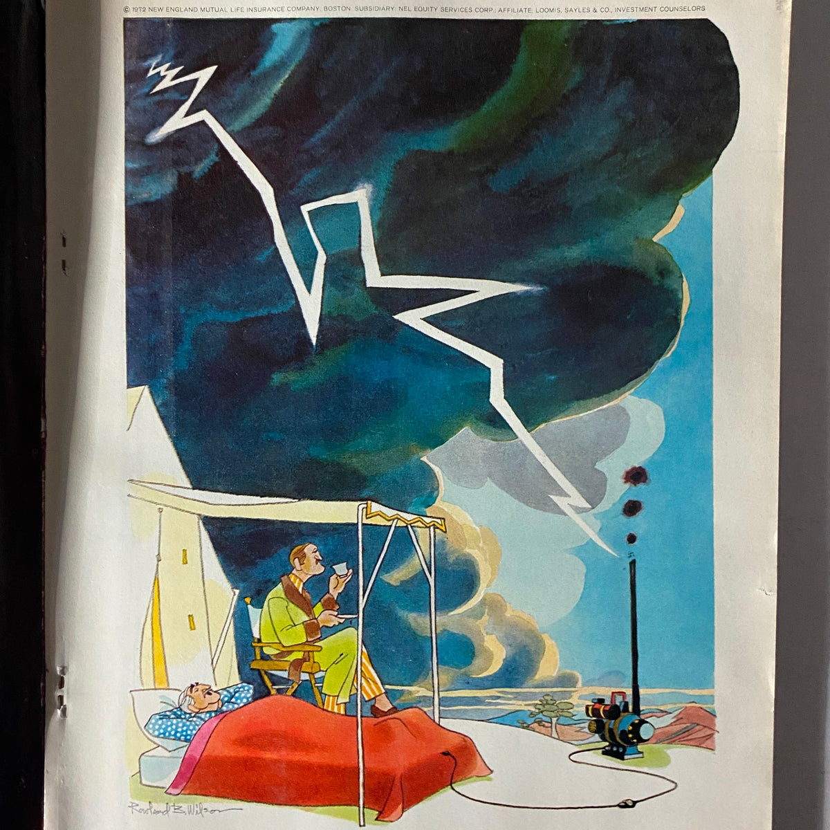 Artistic illustration from Esquire Magazine, May 1972, featuring a vibrant depiction of a man reading under stormy skies, symbolizing themes of introspection and comedy, consistent with the magazine's exploration of culture and humor.