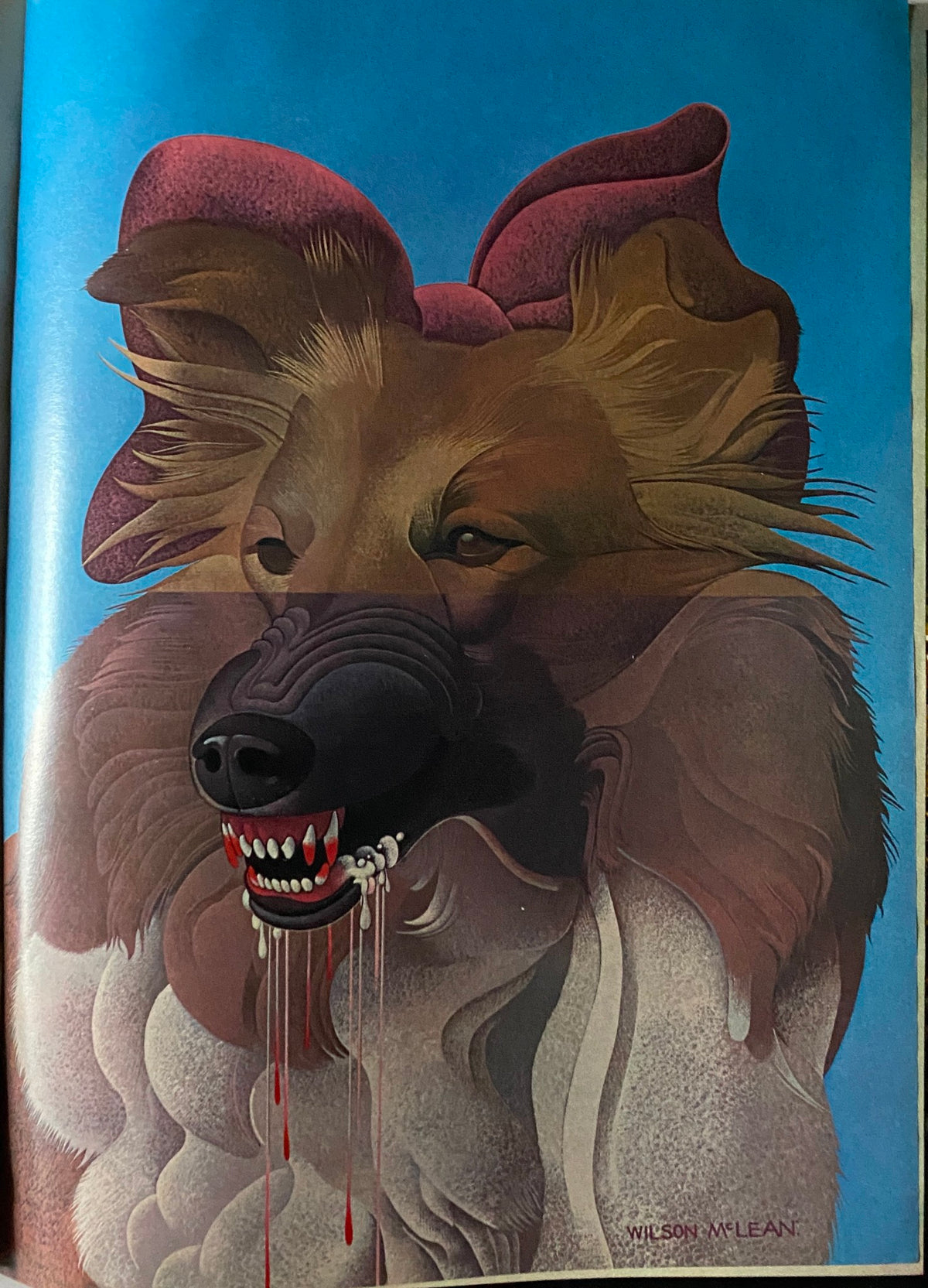 Artistic illustration from Esquire Magazine September 1972, displaying a surreal depiction of a dog with intense features and vibrant colors.