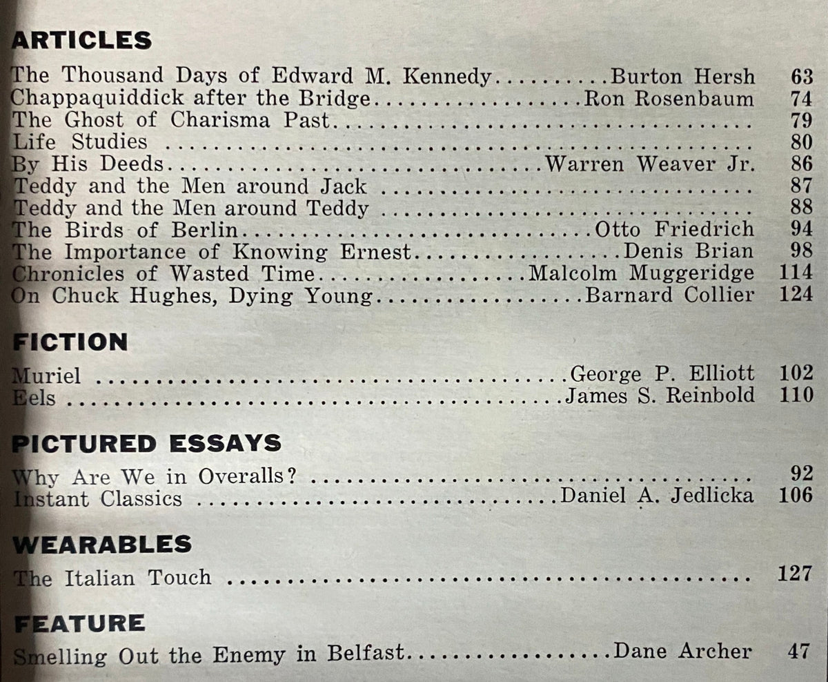Table of contents from Esquire Magazine February 1972, highlighting notable articles including 'The Thousand Days of Edward M. Kennedy' and 'Chappaquiddick after the Bridge,' showcasing significant cultural and political themes.