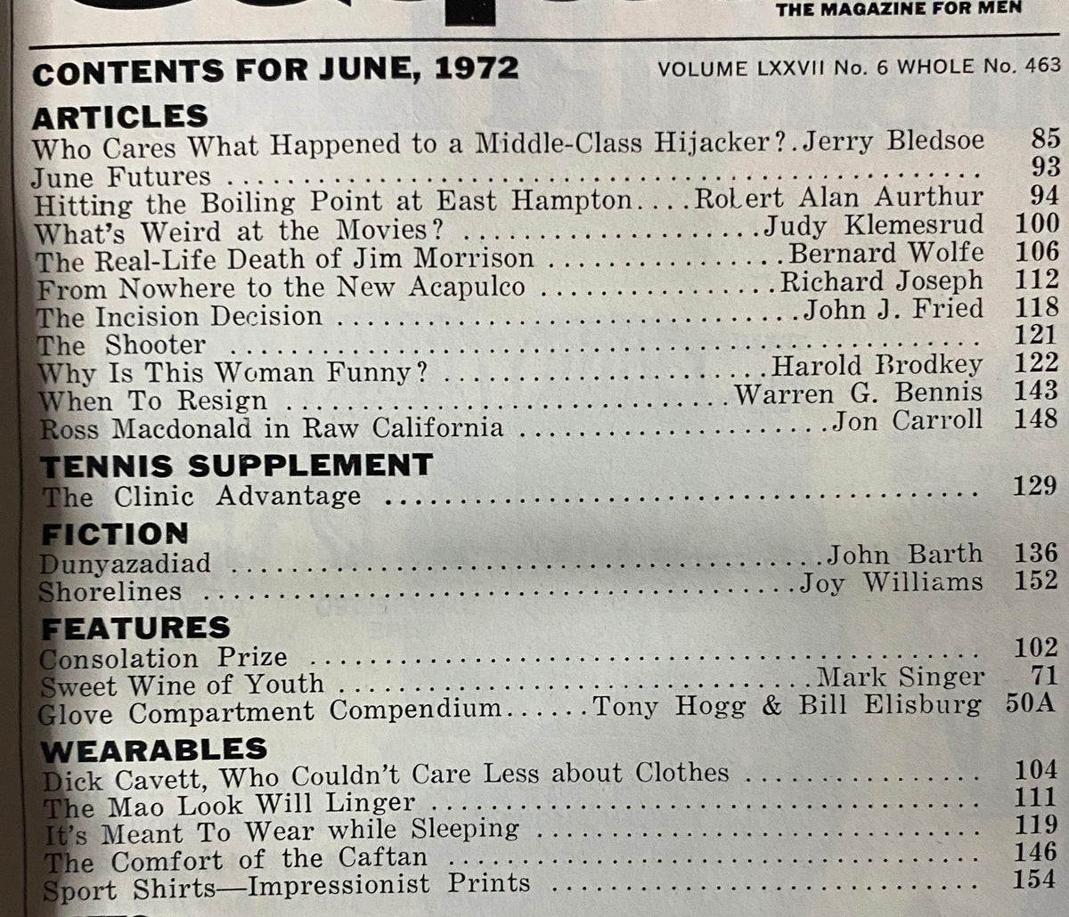 Contents page of Esquire Magazine June 1972 listing various articles and features including the title 'All About Vasectomies'.