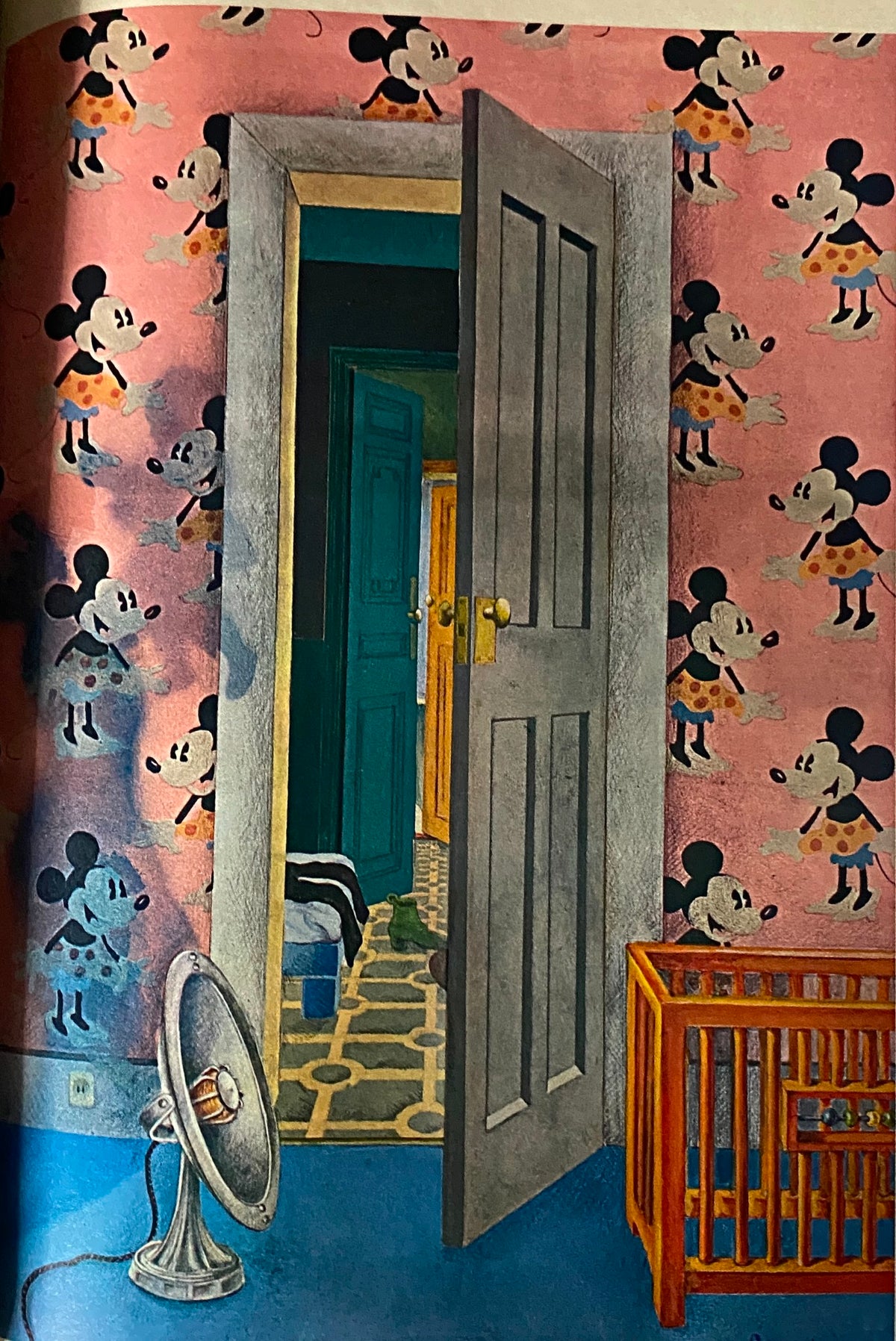 Artwork from Esquire Magazine June 1972 depicting a room with Mickey Mouse wallpaper and a crib, showcasing the nostalgic essence of the era.