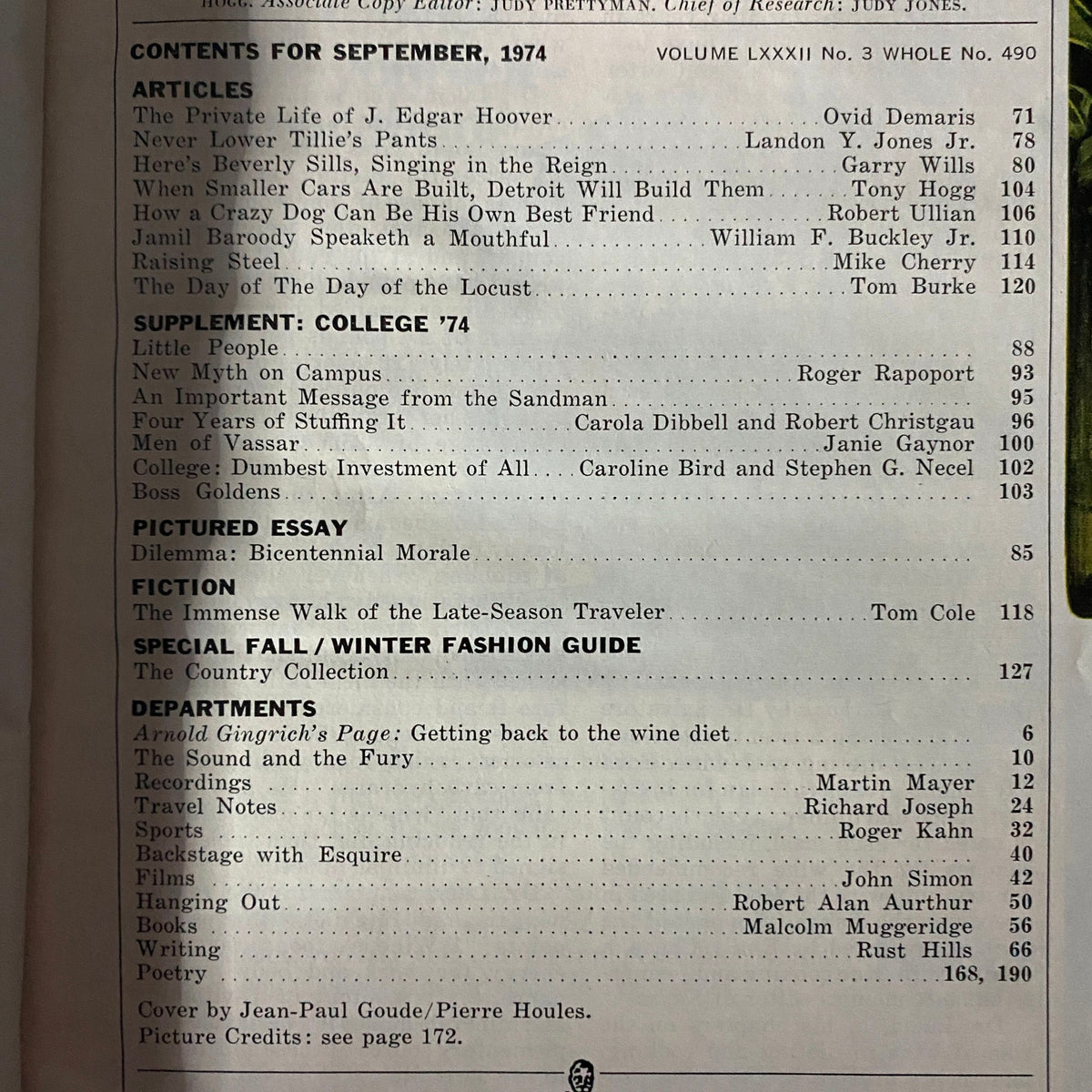 Content page from Esquire Magazine September 1974 detailing articles including 'The Private Life of J. Edgar Hoover' and 'College: Dumbest Investment of All'.