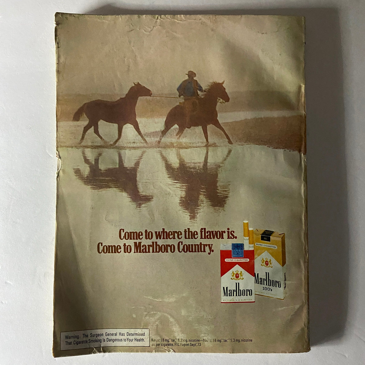Back cover advertisement in Esquire Magazine June 1974 for Marlboro cigarettes, portraying a cowboy and horses under the tagline 'Come to where the flavor is. Come to Marlboro Country.'