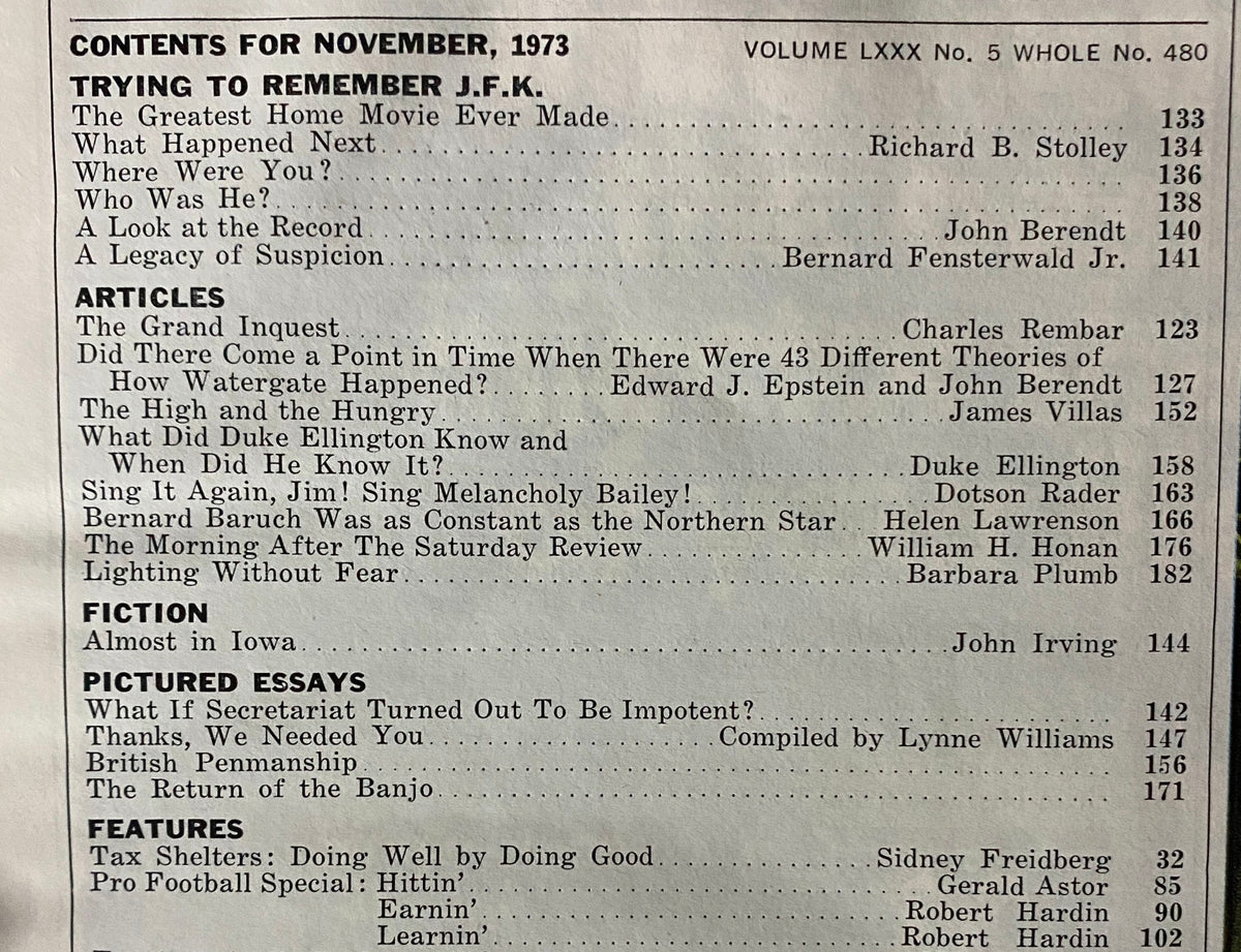 Contents page of Esquire Magazine November 1973 featuring the article 'Trying to Remember J.F.K.' and a list of other articles, providing a glimpse of the magazine's editorial focus.