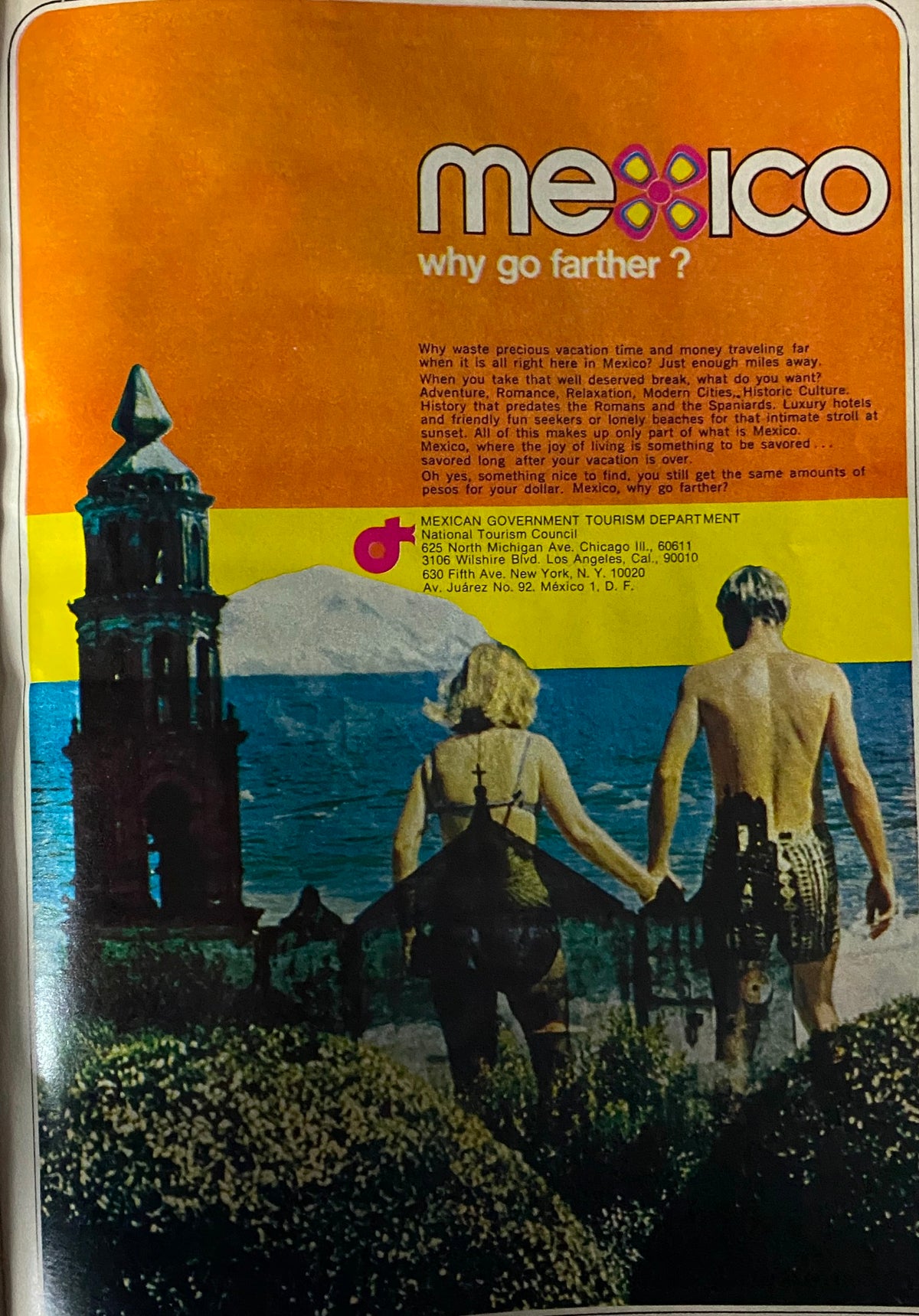 Colorful advertisement for Mexico in Esquire Magazine November 1973, showcasing a couple enjoying a scenic view, inviting readers to explore the beauty of Mexico.