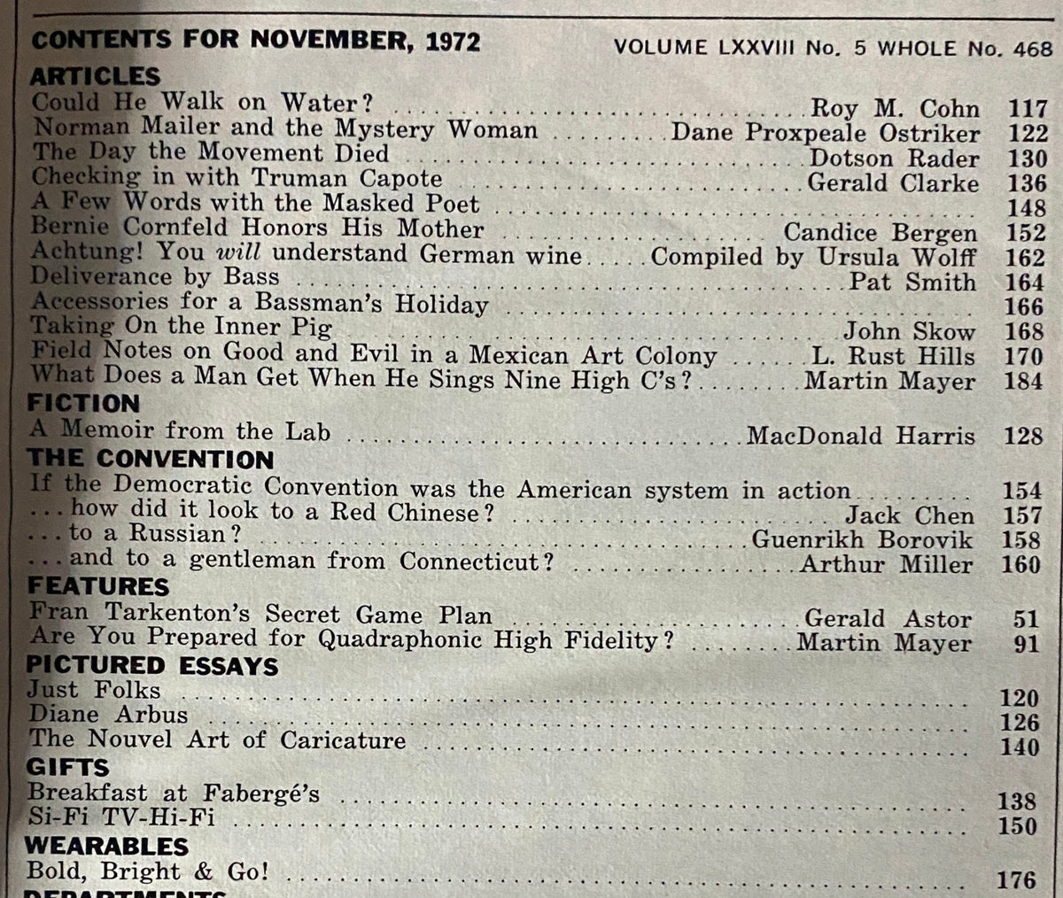Contents page of Esquire Magazine, November 1972, listing articles including 'Could He Walk on Water?' and 'Checking in with Truman Capote'.