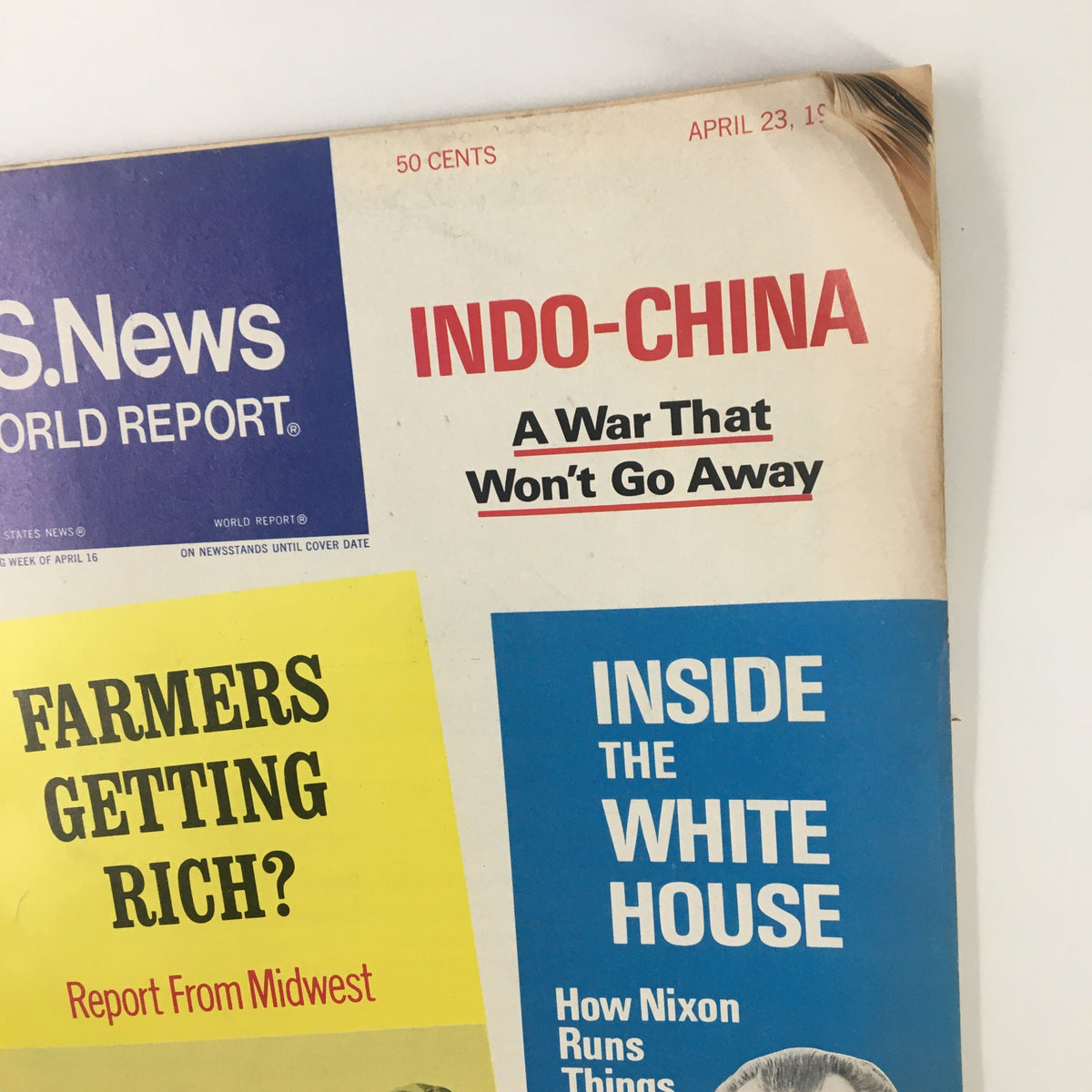 Detail of the cover of US News & World Report Magazine, April 23, 1973, highlighting the Indo-China conflict and Nixon's political strategies.