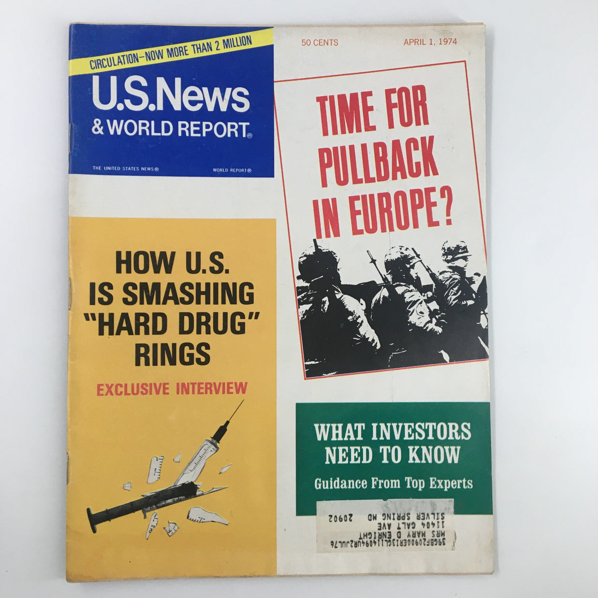 Cover of US News & World Report Magazine April 1, 1974, featuring the headline 'Time For Pullback in Europe?' and additional articles on drug issues and investment advice.