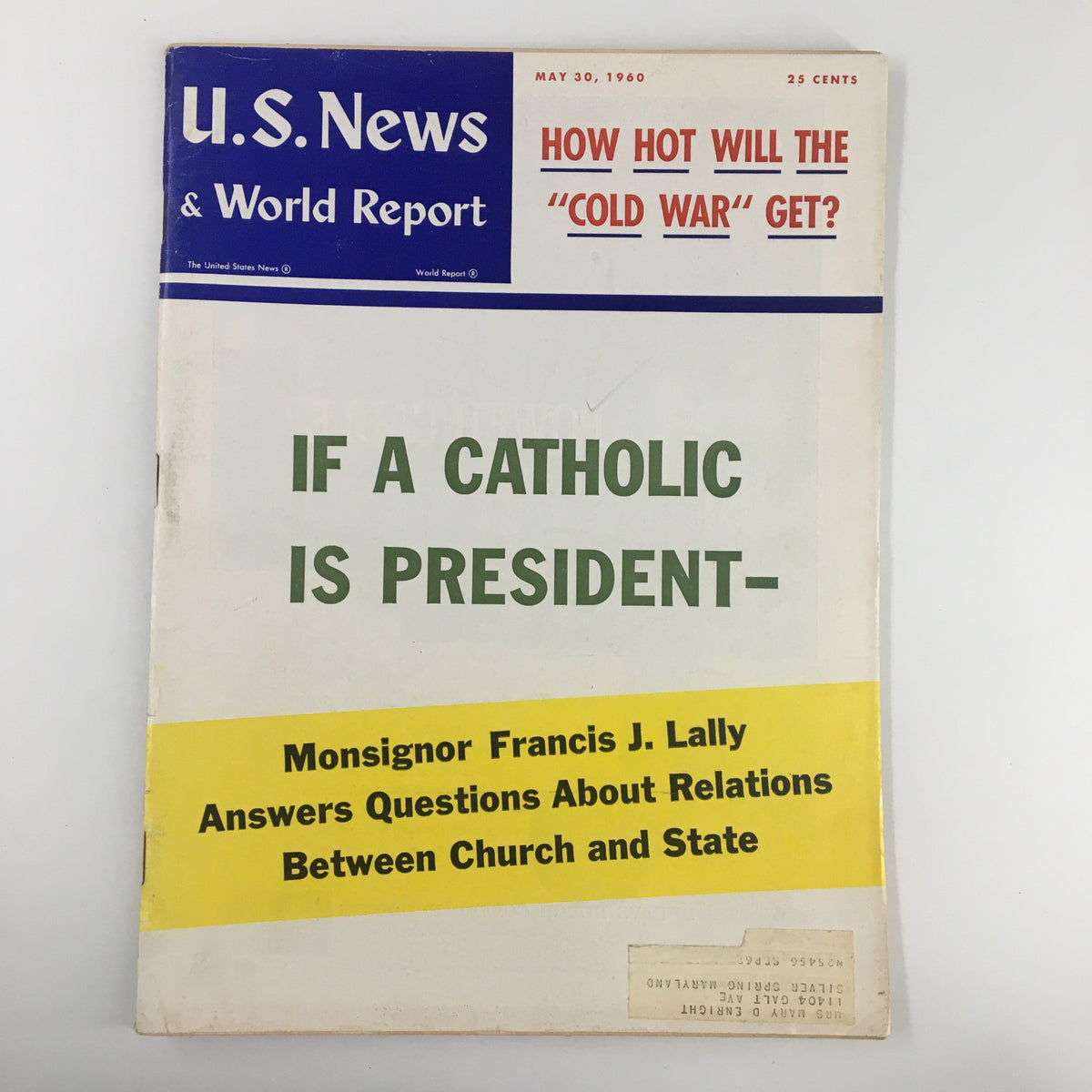US News & World Report Magazine cover from May 30, 1960, featuring the title 'If A Catholic is President-' and an article by Monsignor Francis J. Lally about Church and State relations.