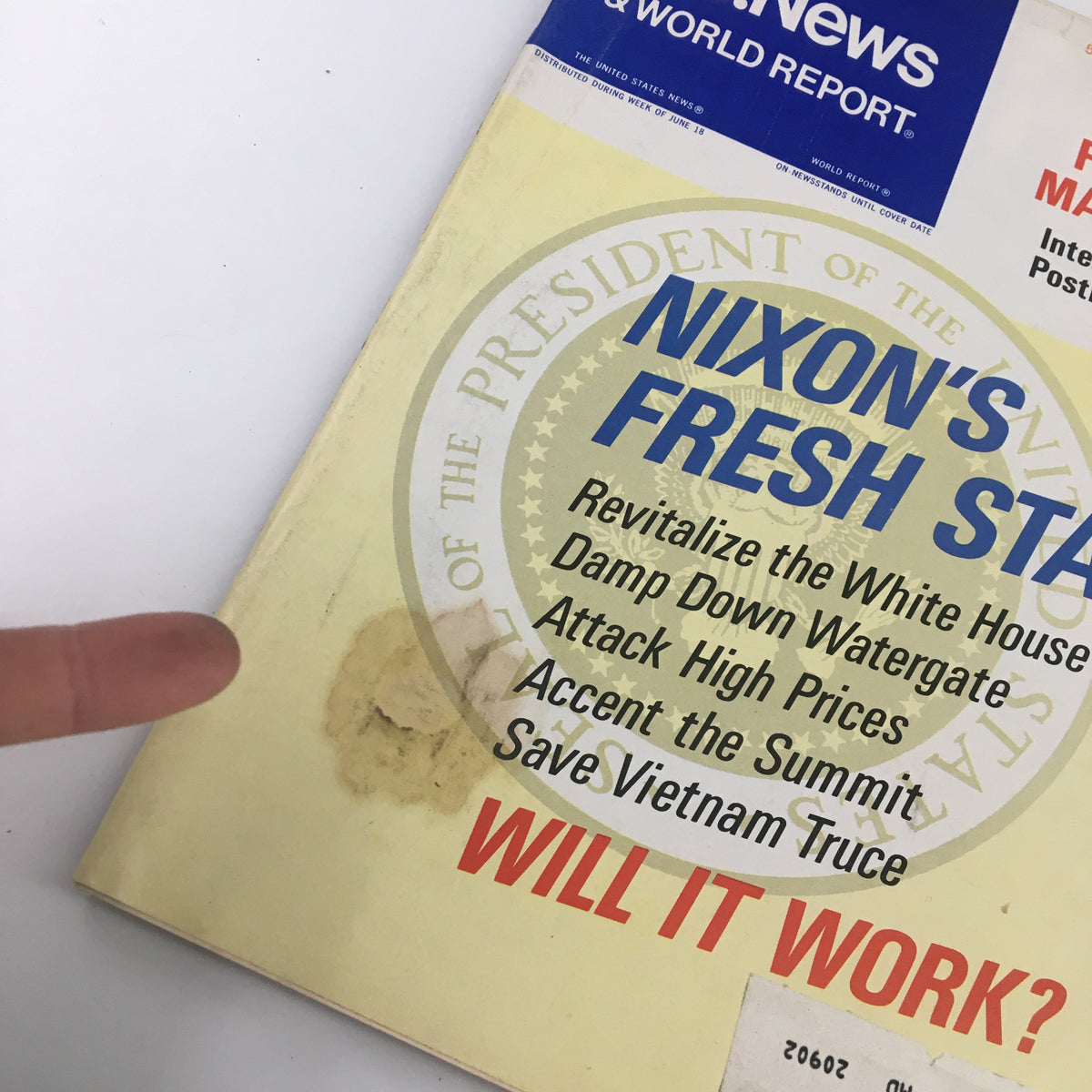 Close-up of the cover page of US News & World Report Magazine June 25, 1973, showing Richard Nixon's Fresh Start headline and highlights including decisions on Watergate and the Vietnam truce.