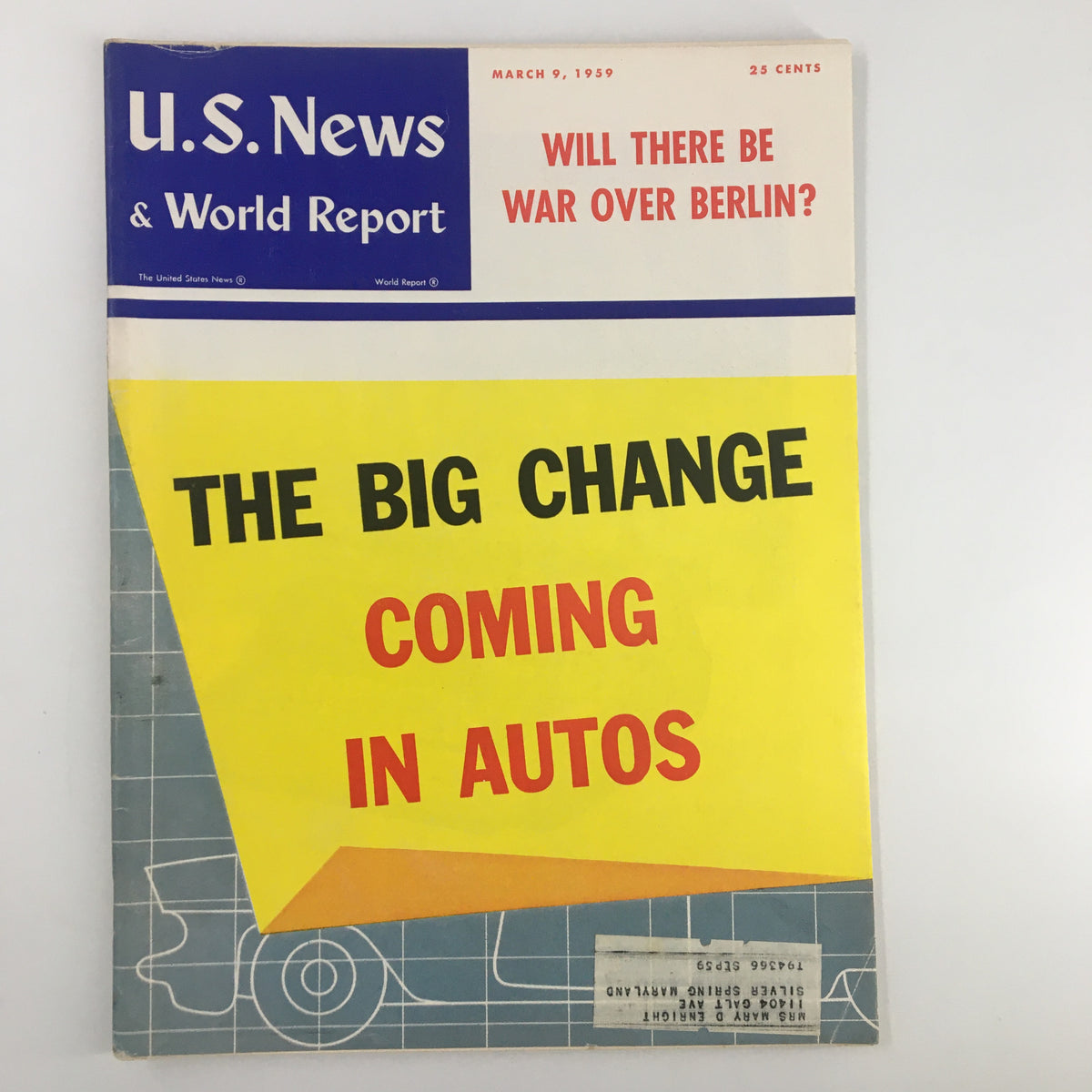 Cover of US News & World Report Magazine March 9 1959 featuring the headline 'The Big Change Coming in Autos' with a colorful design and vintage aesthetic.