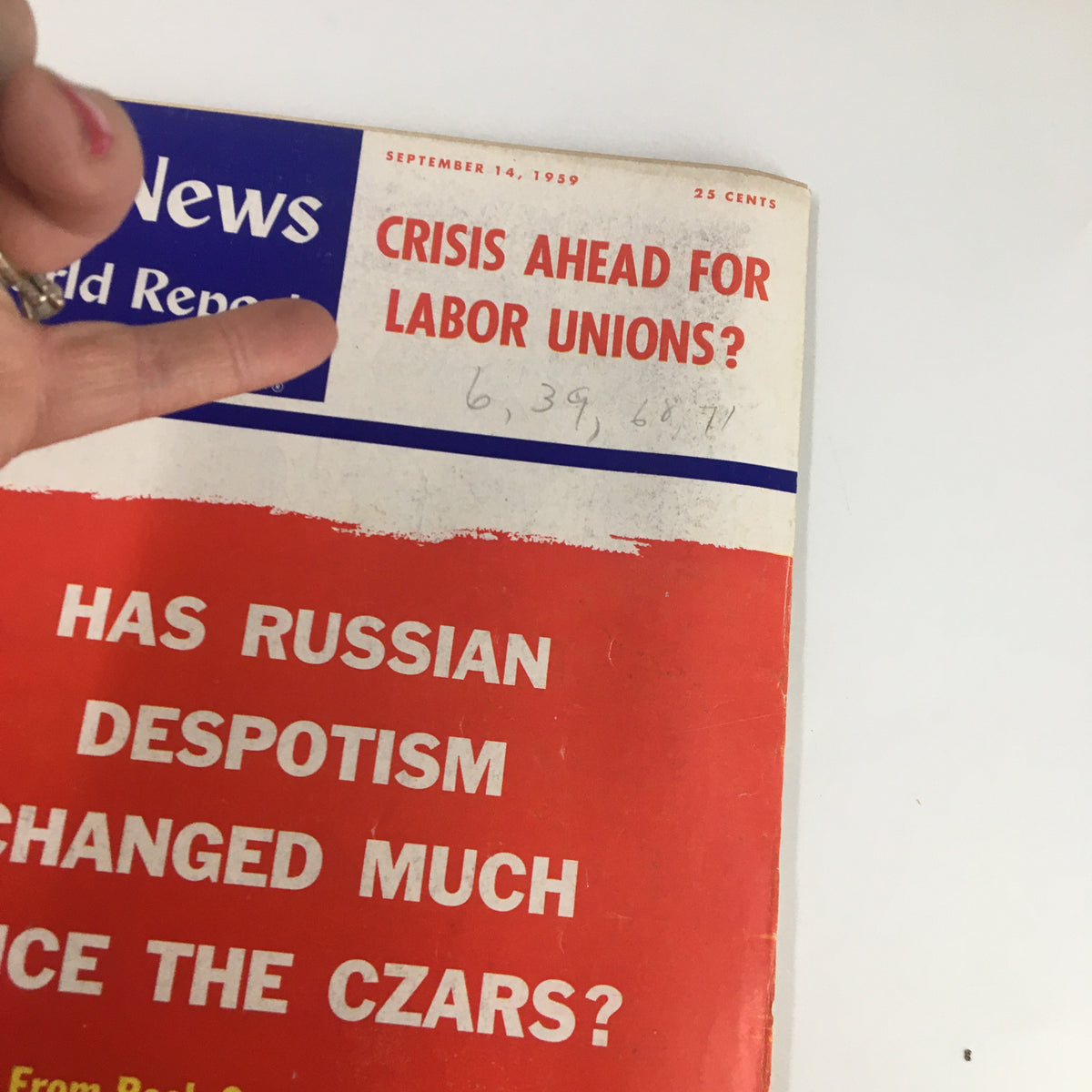 Close-up view of the cover of US News & World Report Magazine, September 14, 1959, highlighting the headline 'Crisis Ahead for Labor Unions?' and the question on Russian despotism.
