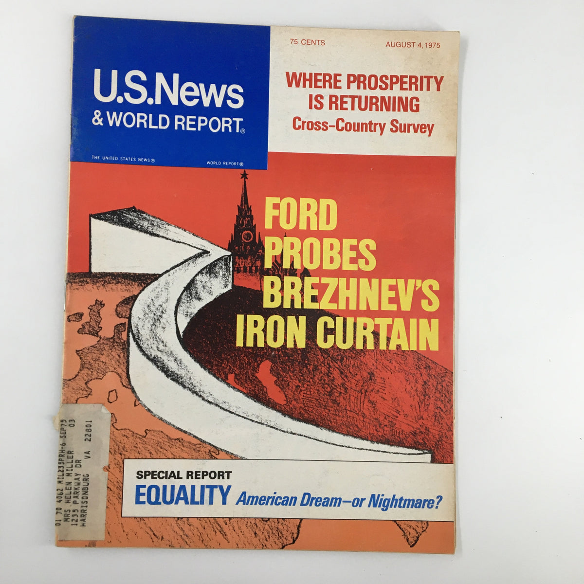 Cover of US News & World Report Magazine from August 4, 1975, featuring headlines about Ford Probes and Brezhnev's Iron Curtain, highlighting historical insights and cultural significance.