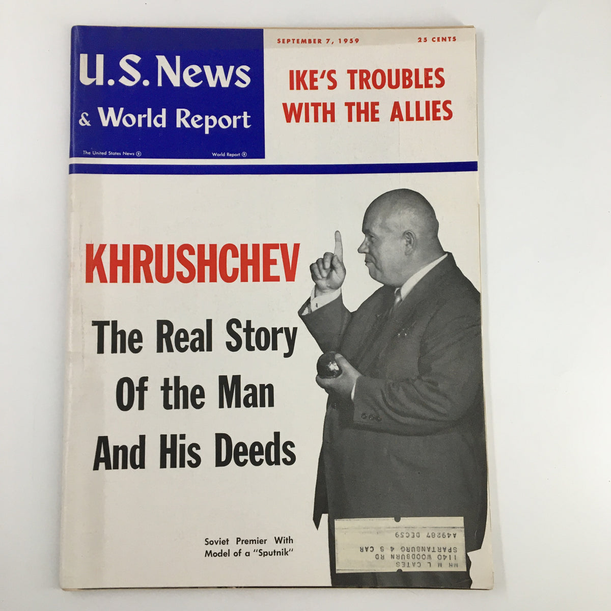 Cover of US News & World Report Magazine from September 7, 1959, featuring headline 'Ike's Troubles with the Allies', with an article on Khrushchev and a photo of the Soviet Premier holding a model of a Sputnik.