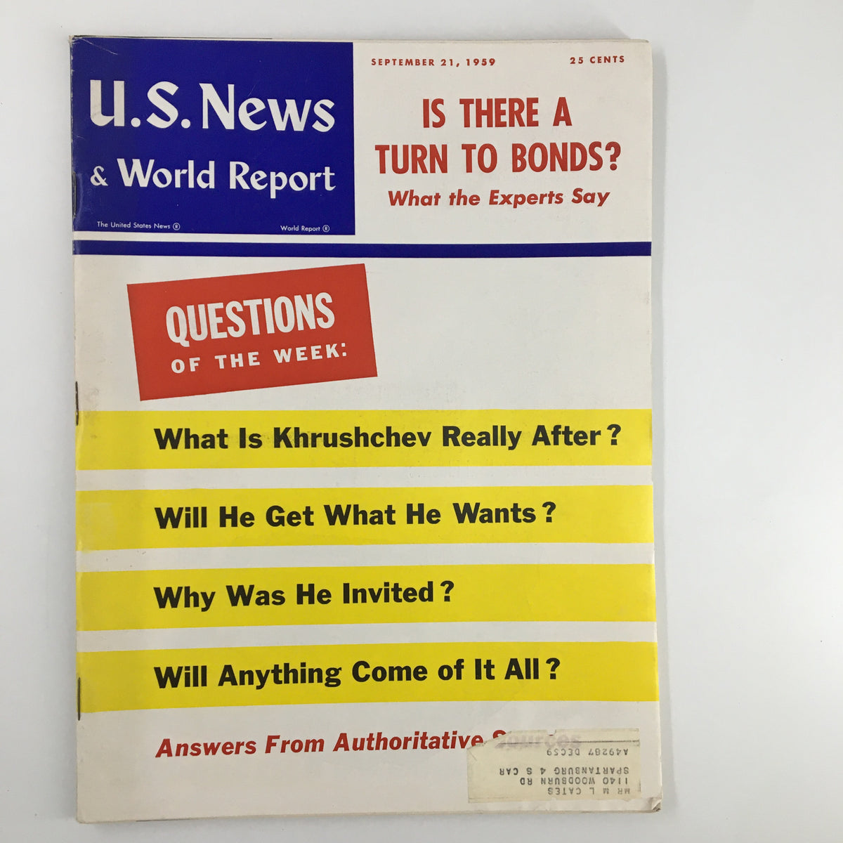 Cover of US News & World Report Magazine from September 21, 1959, featuring the title 'Is There A Turn To Bonds?' The cover includes questions about Khrushchev and highlights the magazine's exploration of financial trends.