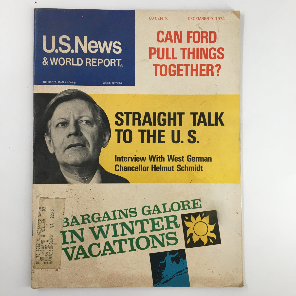 US News & World Report Magazine, December 9, 1974, featuring an interview with West German Chancellor Helmut Schmidt on the cover. The magazine highlights political topics and historical context from the 70s.
