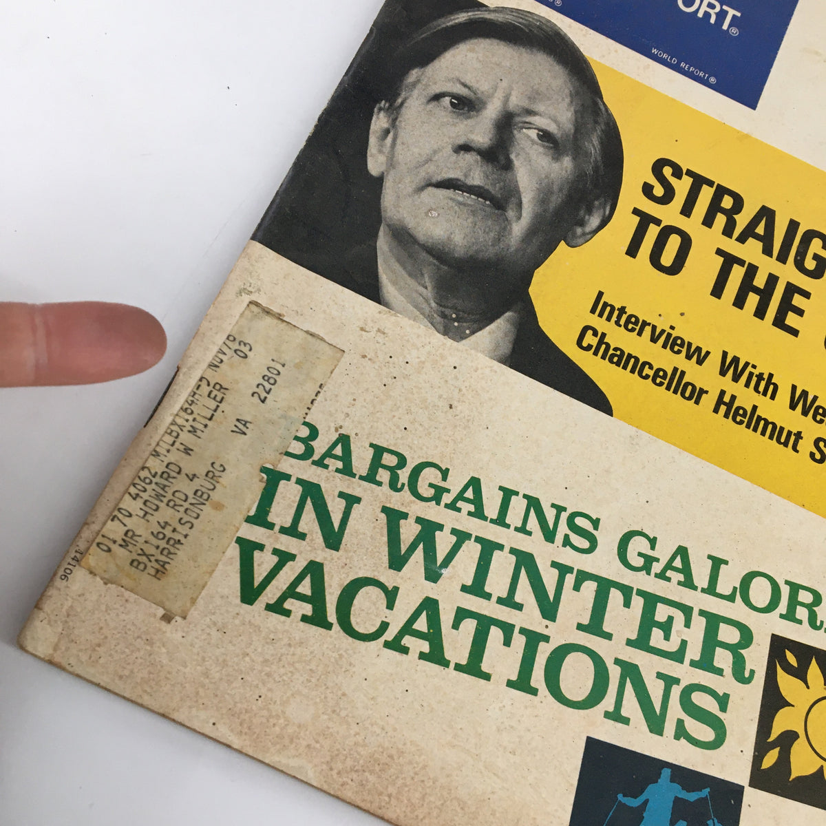 Close-up view of the US News & World Report Magazine from December 9, 1974, showing an interview with Helmut Schmidt. Includes subscription address and minor wear details, illustrating its vintage authenticity.
