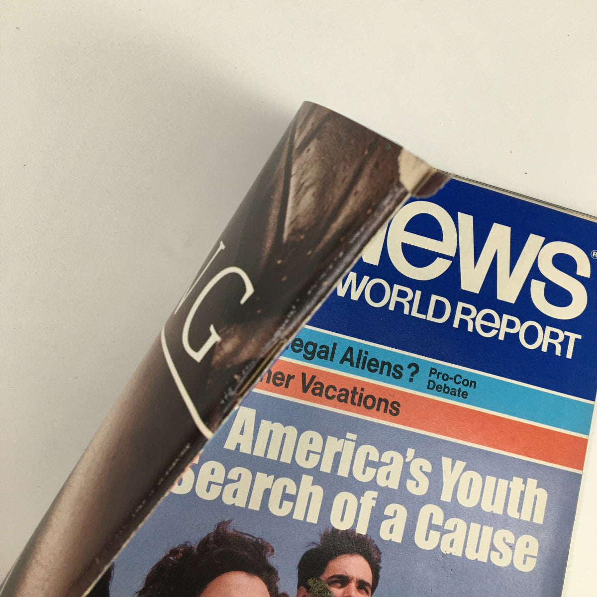 Spine view of US News & World Report Magazine from April 16, 1984, highlighting the title 'America's Youth In Search of a Cause' and showcasing wear characteristic of vintage magazines.