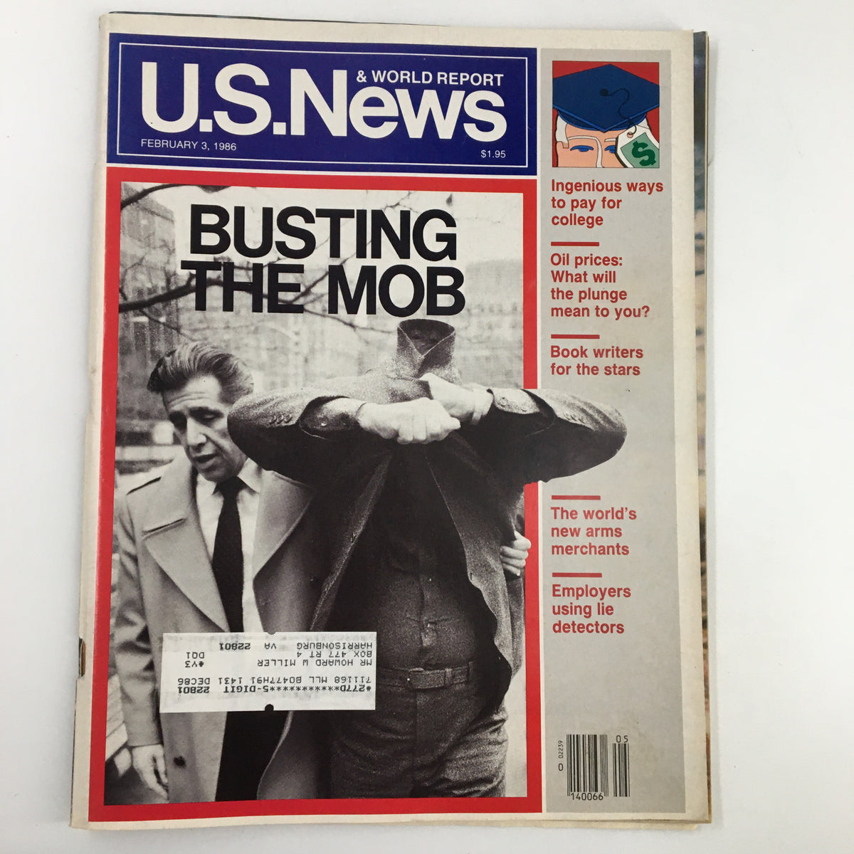 Cover of US News & World Report Magazine dated February 3, 1986, featuring the main headline 'Busting the Mob', showcasing a black and white photo of two men in a city background.