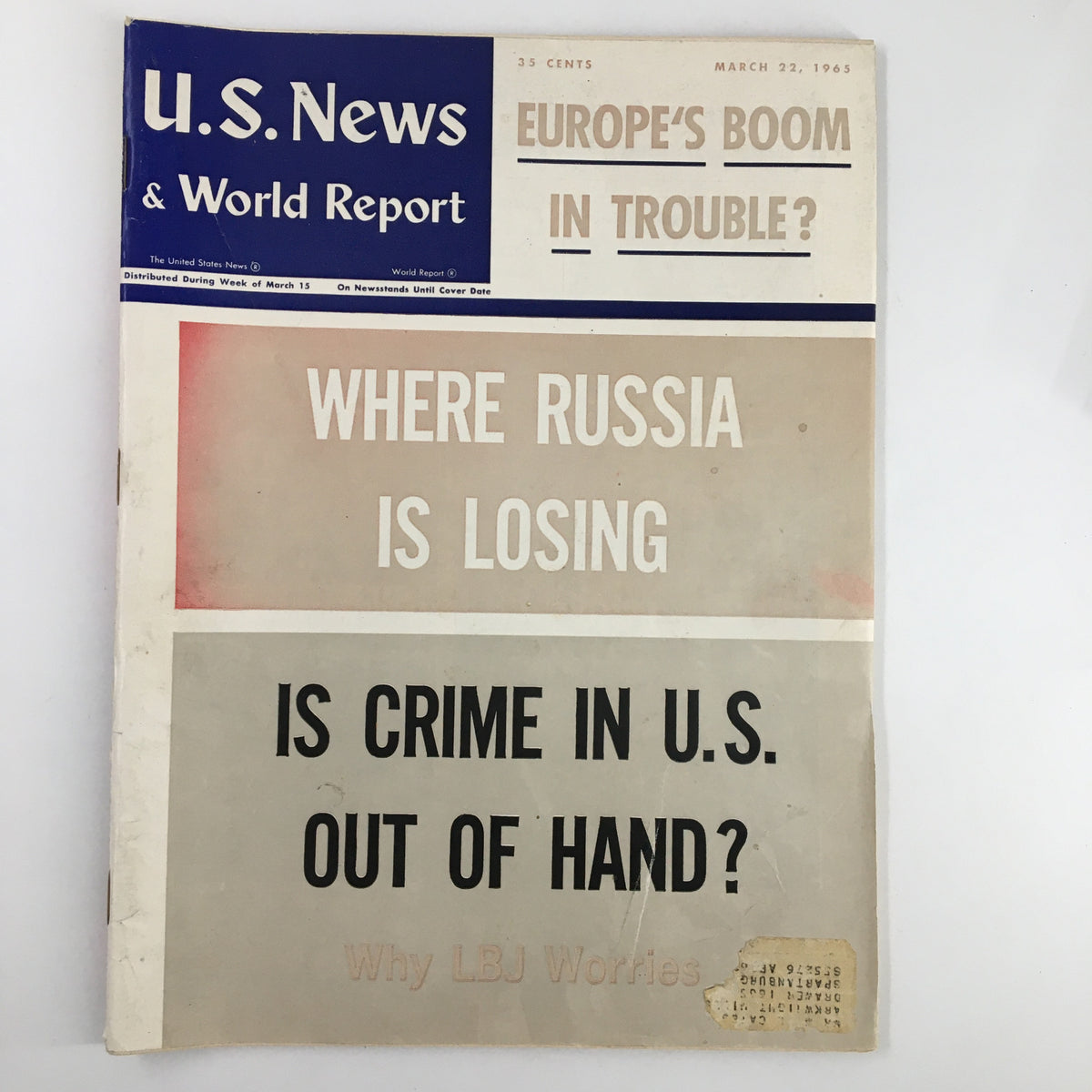 Cover of US News & World Report Magazine from March 22, 1965, featuring the headline 'Where Russia is Losing' along with discussions on Europe's economy and crime in the U.S.