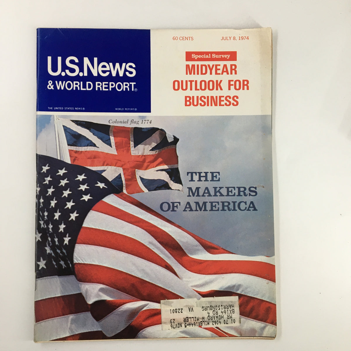 US News & World Report Magazine July 8 1974 Midyear Outlook for Business cover featuring American and British flags, highlighting the theme 'The Makers of America'.