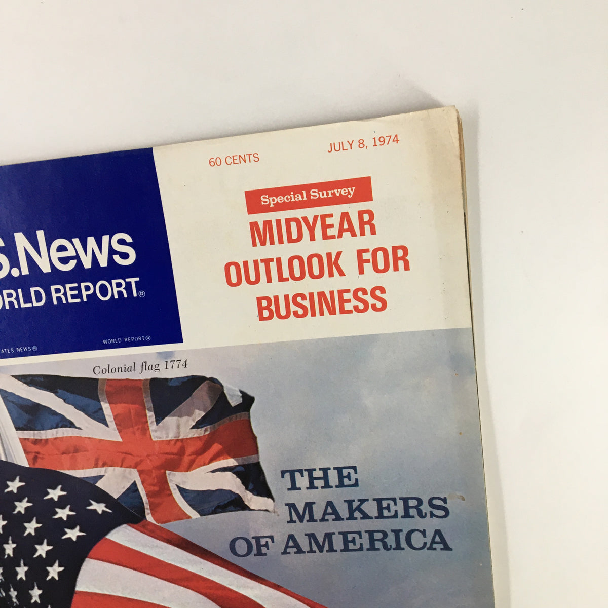 Close-up of the US News & World Report Magazine July 8 1974 cover, showcasing 'Midyear Outlook for Business' with emphasis on the flags and magazine details.