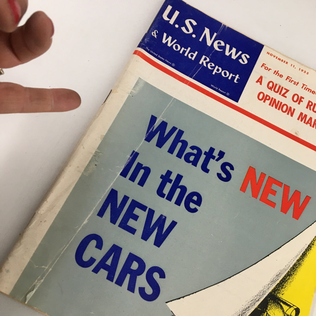 Cover of US News & World Report Magazine from November 11, 1955, featuring the title 'A Quiz of Russia's Opinion Makers' and a section titled 'What's New in the New Cars.' The magazine is a vintage collectible, showcasing historical news and insights.